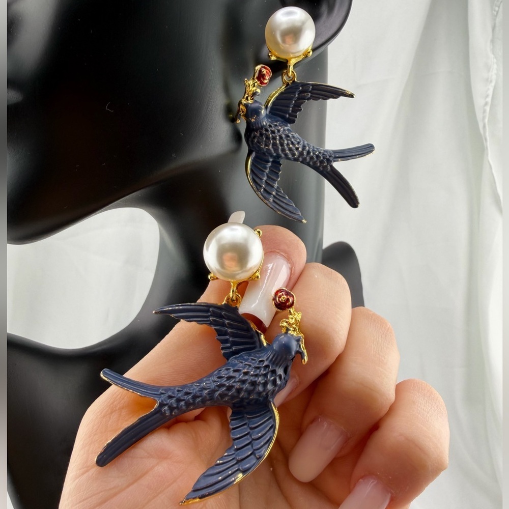 Blue Swallow Pearl Drop Earrings Statement Gold - Picture 5 of 14